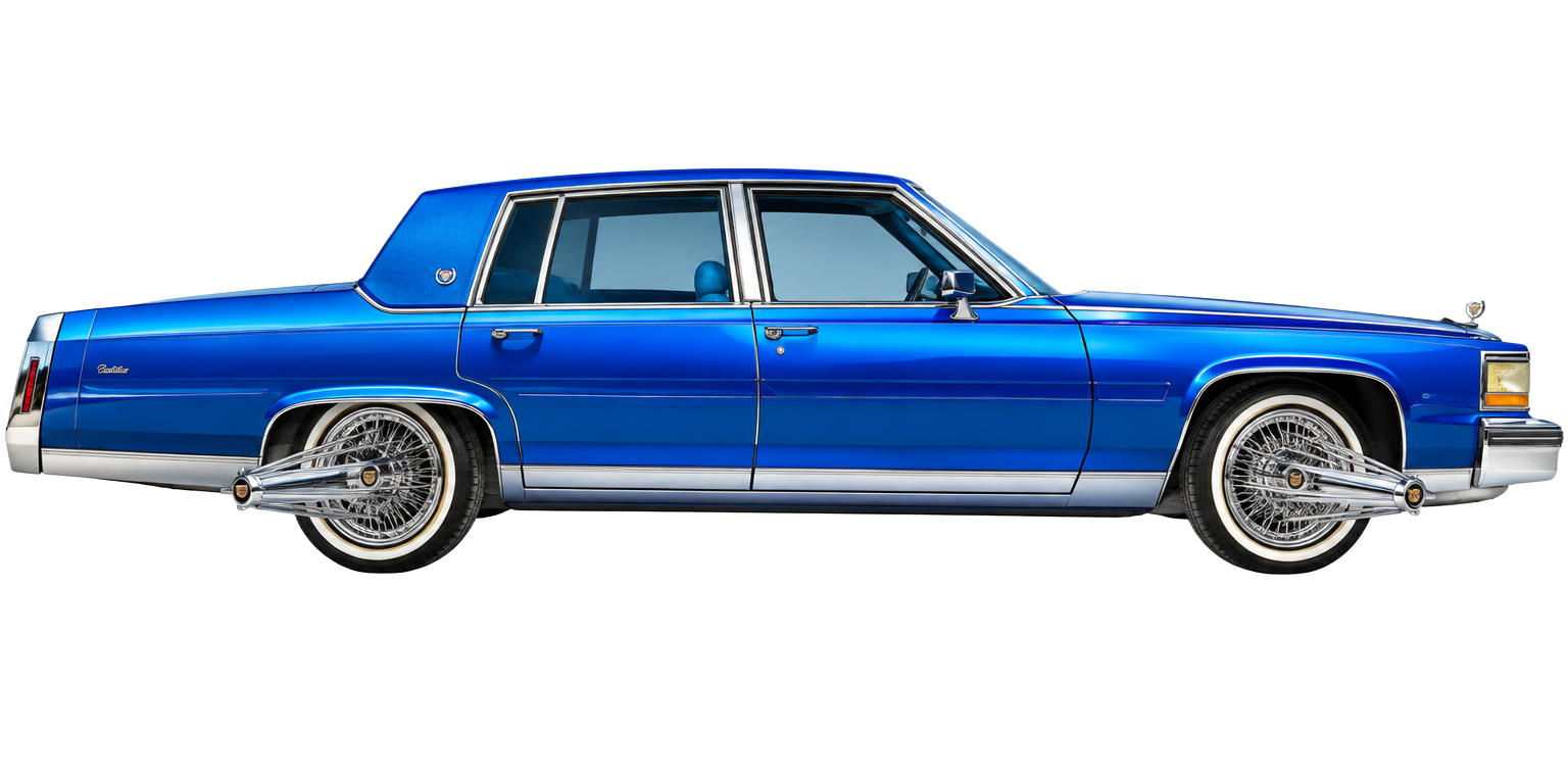 Candy-blue old school Cadillac on chrome swangas, bouncing